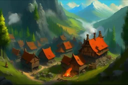 A panoramic view of Thalgrim's forge nestled in a mountainside. Medieval fantasy, mystery and realism blend. Stone-and-timber building, orange smoke rises from chimney into blue-green sky. Inside, dwarf blacksmith Thalgrim works at glowing anvil by blinding fire while apprentice Eira watches. Markets bustle with farmers and adventurers. Green terraced fields descend the slopes, a winding river reflects sky. Ancient forests and varied-roof houses complete the spring-touched scene