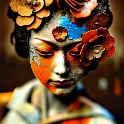 an abstract painting of rusted metal and flowers, Geisha portrait, rust, scaffolding, iron cladding, decay, mixed media, textured, anatomically correct, beautiful perfect face, sharp focus, highly detailed by Jean Auguste Dominique Ingres 8k