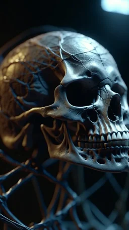 A hyperrealistic macro shot skull on a spider web, intricate details, soft natural light, screen captured from 4K Blu-ray