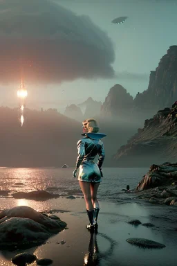 Ultra Realistic retro sci-fi 1960 scene, waist up view portrait, blonde woman, sweet young Marilyn Monroe face, perfect iris, tight latex coat, alien planet background, tight style, steel sphere dron levitating, fog, rain, soft color, highly detailed, unreal engine 5, ray tracing, RTX, lumen lighting, ultra detail, volumetric lighting, 3d, finely drawn, high definition, high resolution.