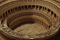 A bronze colored coliseum designed in ancient Greek mosaics