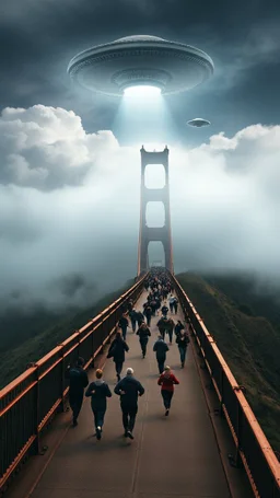 A lot of people running on San Francisco golden bridge , escaping an ufo alien attack above misty clouds and storm in the background