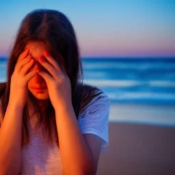 sad girl face on the beach with sunset scene