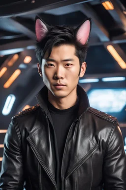 Male Half-Asian actor with cat ears in a leather jacket, on a spaceship deck