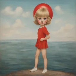 1970s, blond Little girl , in the style of Margaret Keane, she is standing on a red balloon over the sea