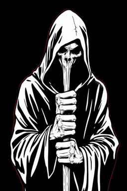 hooded Grim-Reaper gripping a staff with both hands, vignette, black and white graphic novel style with a red outline on black background,