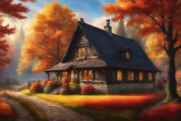 A cozy Black Forest scene in autumn, showcasing a traditional Black Forest farmhouse. The farmhouse should exude warmth, with smoke gently rising from the chimney, surrounded by trees with golden and crimson leaves. The scene should evoke feelings of nostalgia and comfort. Medium Photo hyper-realism. Style Reminiscent of classic European postcards, with a touch of Thomas Kinkade's painterly charm. Lighting Soft golden hour glow, casting long shadows and highlighting the textures of the