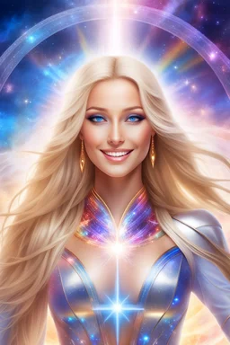 cosmic woman smile,beautiufos rainbow, admiral from the future, galactic confédération, fine whole face, crystalline skin, expressive blue eyes,rainbow, smiling lips, very nice smile, costume pleiadian, Beautiful tall woman pleiadian Galactic commander, ship, perfect datailed golden galactic suit, high rank, long blond hair, hand whit five perfect detailed finger, amazing big blue eyes, smilling mouth, high drfinition lips, cosmic happiness, bright colors, blue, pink, gold, jewels, realist,