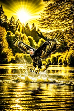 An image capturing a majestic eagle in flight, gripping a large fish in its talons as it soars above a winding river. The sunlight glistens on the water below, and the eagle's powerful wings spread wide against the sky. The scene showcases the eagle's incredible hunting prowess and the dynamic beauty of the natural world.