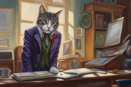 cat secret agent joker in an office in sunshine, very detailed, oil painting