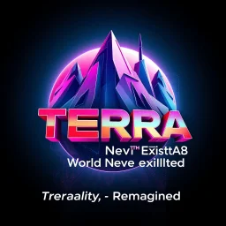 create a nice cool logo for my account IN 3D "ALTER",AND "TERRA" under it a little to right ,this texts plane must be 30 degree to the logo plane.and this 3d texts smaller font "The World Never Existed" ,"Reality ,Reimagined",add 3d background, future modern city and future modern industry ,3d text,vibrant metallic colors .1:1 ratio.