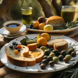 A plate of olives, surrounded by a breakfast of cheese and bread, and a cup of hot tea found in nature