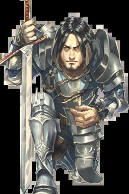 A handsome 30 year old knight, black hair, male bob haircut, in black-and-gold plate armor, golden katana in both hands, no beard, european, proper arms