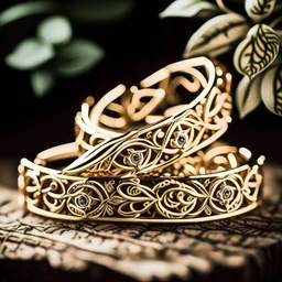 Elegant and intricate gold wedding bands with diamond accents