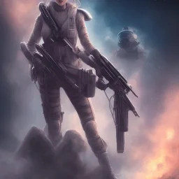 A girl with a beautiful and large military rifle in the galactic space