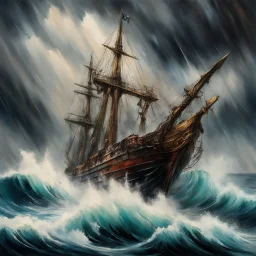 A vibrant maritime oil painting depicting a traditional wooden whaling ship, battling fierce waves under stormy skies, an imposing mermaid figurehead at the bow, majestic humpback whales breach the surface, dramatic, hyperrealistic painting by Renoir and Russ mills, impressionism, stunning, rainstorm, inkwash effect, kinetic