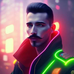 a beautiful commission portrait of a male mustache canary wearing a neon jacket, futuristic, detailed face, cyberpunk city, deviantart, artstation, art by greg rutkowski, ross tran, professional lighting, neon city, night, raytracing, highly realistic,4k,dramatic,hyperrealism