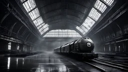 train departing inside dark, wet, mysterious gigantic old futuristic sci-fi hangar, very high ceiling, photographic, black and white