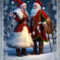 two elves. woman and man. Christmas scene. photorealistic. low-key