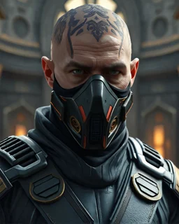 star wars heavily scarred head bald male corellian jedi wearing gunmetal grey and black old republic armored flightsuit and breath mask with gold and metallic red trim inside the jedi temple, centered head and shoulders portrait, hyperdetailed, dynamic lighting, hyperdetailed background, 8k resolution, volumetric lighting, light skin, fully symmetric details