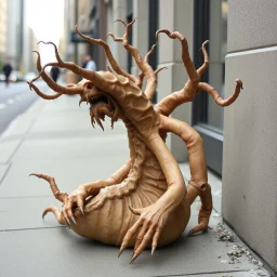 absurd, gnarly, surreal, nihilistic, extra and mismatched underdeveloped proto-human limbs sprouting from a disgusting slug-like creature on a city sidewalk, meandering offset incoherence, experimental taxidermy, minimalism, foreboding, post-humanist pessimism