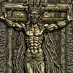 crucified on the cross christ liberty hybrid tone, woodcut, engraved, wall street journal style, statue of cruicified Jesus of Liberty with a beard and wearing a cross and hanging from a cross, The statue male, hyperdetailed intricately detailed photoillustration ink drawing dystopian 8k resolution entire body of the statue is in the picture. digital illustration telephoto lens photography , same colors as the us treasury's one dollar bill, crucified"