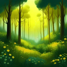 Magical Fantasy forest with tall grass and yellow flowers