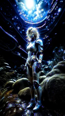 wide-angle Photo of a Sci-fi woman, with blond hair, wearing a silver and black spacesuit looking like an android, on an alien jungle planet