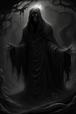 In the grim chambers of the dhampir who worships the deity of darkness, eternal night reigns. His hair, black as pitch, cascades in thick waves like smoke, shrouding his face in a veil of mystery. In his eyes, two boundless abysses reflect only darkness and enigma. The dhampir's attire resembles nightmarish visions. Black cloaks and shadowy patterns seem to weave through his garments, lending his figure the mysterious semblance of a ghost. An amulet around his neck flickers like a star in the b