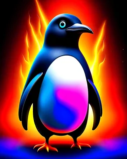 Generate a full body image of a penguin has a vapor objects in the background and flame objects in the background objects with an anime animal style.