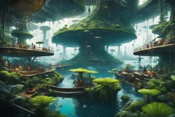 POV Scene: A firsthand perspective shot from within the moist, crowded upper deck of a massive, bioengineered floating island-city. We are standing amongst the native Islanders, an eclectic tribe of Beatnik-inspired survivors, rugged but glowing with inner vitality. Our vision is slightly distorted by heavy atmospheric moisture and perhaps the residues of sacred fungi; colors bleed and halos surround lights. The scene is illuminated by the bioluminescent glow of the island's own 'living technolo