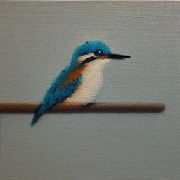 tiny oil painting of tiny kingfisher, plain white background, solid white background, tiny white canvas, tiny white frame, plain white wall, melancholy, tender, moody, vintage, delicate arrangement, beautiful composition, etsy, aesthetic layout, plain solid white background