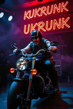 An "hard MC guy" performing at dance club, his name is "Benny" Very hard looking, motorbike Harley davidson on stage, Neon lights and smog, "KUKRUNK" sign on the wall