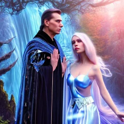 crazy detail, magical forest background, waterfall, blue but cloudy skies, close up of man in black shiny robes and gloves and grand sleazy lady wearing soft robes and gloves, lively eyes, framed by foliage, gold