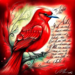 a vibrant digital chalk sketch painting featuring a double exposure image of a beautiful majestic red cardinal, ultra-detailed, within the body of the cardinal is a heart with the words "I AM ALWAYS WITH YOU" in a beautiful script