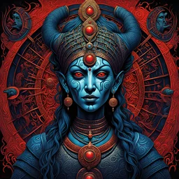 temple of flesh, Goddess Kali hallucination, hindu maze textures, maximalism, horror surrealism, by Michael Whelan, by Ben Templesmith, palpable textures, enveloped in an approaching nightmare, high contrast, Whelan's distinctive visceral horror style and detailed line work, rich sharp colors, heavy atmosphere.