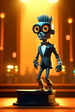 60s cute punk chat robot with suit and tie and rollerskates,on podium at festival, its such a perfect day, motion blur, smoke, 8k, downlight, soft light, depth of field, photorealism, trending on art station, some detail