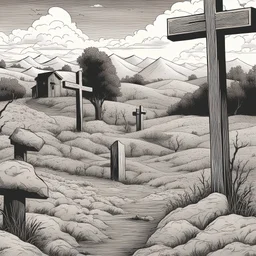 one dirt grave, wood cross, comic book, illustration,