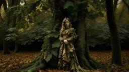 woman in a dress made of leaves, growing out of a tree in a woodland