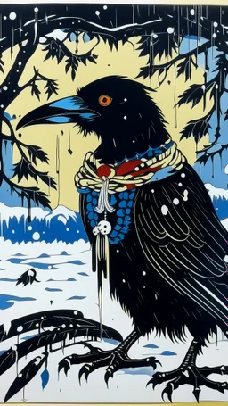 A contemporary serigraphy by Matisse of a human-like and happy crow adorned in a punk leather jacket within a snowy Christmas atmosphere.