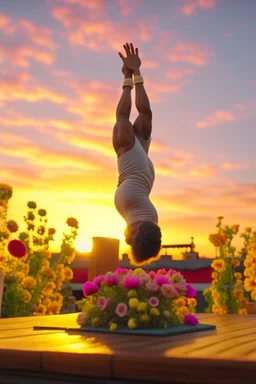 close up of yoga guru doing handstands on the roof of a buss with flowers, 4k, downlight, soft light, depth of field, photorealism