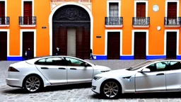 A Tesla's 'Model S Plaid' is parked, at the 'Plaza de la Constitución', in the city of Mexico. CINEMATIC. WIDE ANGLE LENS. PHOTO REAL.