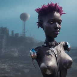 portrait,beautiful african robotic sirene, post-apocalyptic in a cyberpunk city, realistic, intriacte detail, sci-fi fantasy style, volumetric lighting, particales,highly detailed,cinematic, deep blue.
