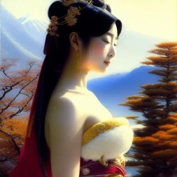 portrait beautiful face japanese Gheisha,window,busty,japanese garden,snow,cherry trees,mountains,ancient leather armor, balanciaga fashion clothe painting by gaston bussiere, greg rutkowski, yoji shinkawa, yoshitaka amano, tsutomu nihei, donato giancola, tim hildebrandt, oil on canvas, cinematic composition, extreme detail,fit full head inside picture,16k