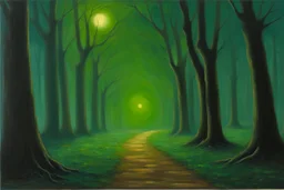 Trees, night, pathway, 2000's scifi movoes influence, ernest welvaert impressionism painting