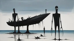 ong-legged surreal lean black-grey figures with beak-shaped heads (wearing white khiton) standing in front of a boat wreck on a radioactive beach, acrylic painting, minimal art, centered, wild sparse brushstrokes, amazing verticals, great parallels, low bleak colors of gray, blue and black, excellent negative space contrasts