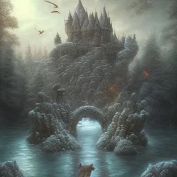 fantasy art, upper body of big mad wizard on very tight stone bridge over icy water, on the bridge is a wolf, there is also a hawk and everything is seen from the tree tops