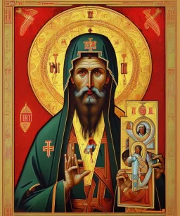 orthodox old icon with saint, patron of photographers. he is holding a camera in one hand and 35mm film in the other. Cyrillic inscriptions are the names of photographic brands. hyperdetailed, Alphonse Mucha, Zdzisław Beksiński, poster, illustration, ink, oil on canvas, 18th century atlas