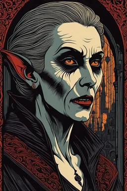 museum quality color woodcut of an aged dystopian Nosferatu vagabond female vampire with highly detailed hair and facial features , in the style of Gustave Baumann, with a fine art aesthetic, highly detailed, finely cut ,8k render,