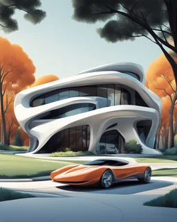 Cartoon of a modern country house, (((Zaha Hadid))) style, trees, two people, car next to it. Complementary colors. 3D